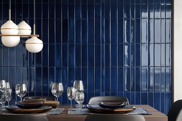 Elegant dining setup with glossy blue tiles and chic lighting.