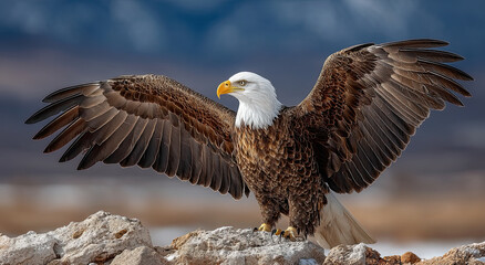 Fototapeta premium Bald Eagle Spreading Wings on Rocky Perch, Symbolizing American Freedom and National Pride, Suitable for Conservation and Wildlife Campaigns