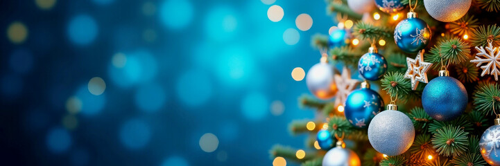 Festive Christmas tree decorated with blue ornaments and sparkling lights during holiday season celebration