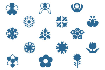 Flower and floral shape vector icon set. Floral patterns, lotus, petals and abstract blossoms design. Nature flora elements. Retro groovy geometrical floral shapes.