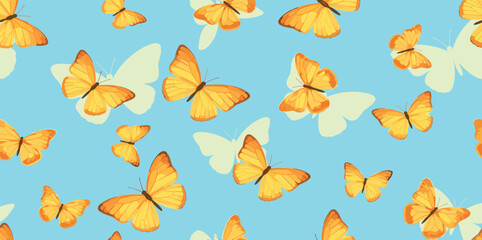 watercolor seamless pattern yellow butterflies and golden glitter, hand painted butterfly illustration blue background
