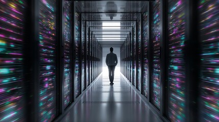 Man Walking Through Modern Data Center Server Room Corridor Futuristic Technology Digital Network Innovation Big Data Processing Center Advanced Computing Infrastructure 