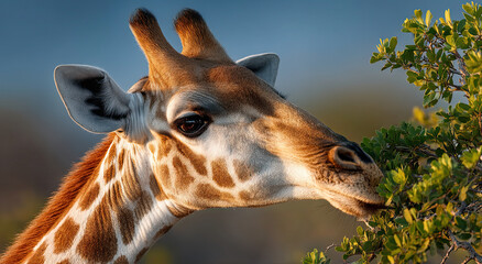 Obraz premium Close-Up of Giraffe Eating Leaves at Sunset, Representing Wildlife Conservation and Environmental Awareness in Nature Photography
