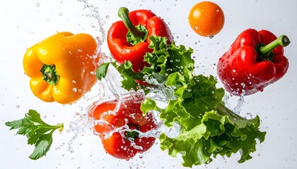 Colorful vegetables and leafy greens captured in mid-air splash on white background