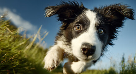 Fototapeta premium Border Collie Puppy Running Through Grass With Sky Background, Representing Pet Ownership and Animal Welfare for Adoption Campaigns
