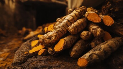 Pile of Fresh Turmeric Roots with Vivid Orange Interior on Dark Surface