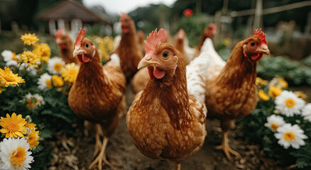 Fototapeta premium Free Range Chickens Roaming in Garden With Flowers, Representing Sustainable Farming and Organic Food Production for Agriculture Businesses