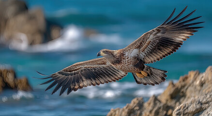 Obraz premium Immature Bald Eagle Flying Over Rocky Coastline, Symbolizing Conservation and Environmental Awareness, Perfect for Nature Bloggers and Wildlife Enthusiasts