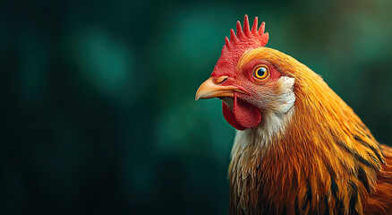 Fototapeta premium Golden Chicken Profile Against Dark Green Backdrop, Showcasing Farm Freshness and Sustainable Agriculture Practices