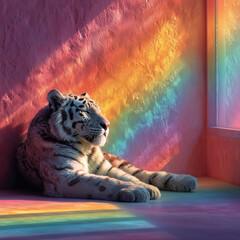 A white tiger lying on the floor, with rainbow-colored light streaming in from the window