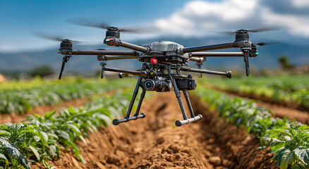 Drone Flying Over Green Crop Field on a Sunny Day, Representing Precision Agriculture and Technological Innovation for Sustainable Farming Practices