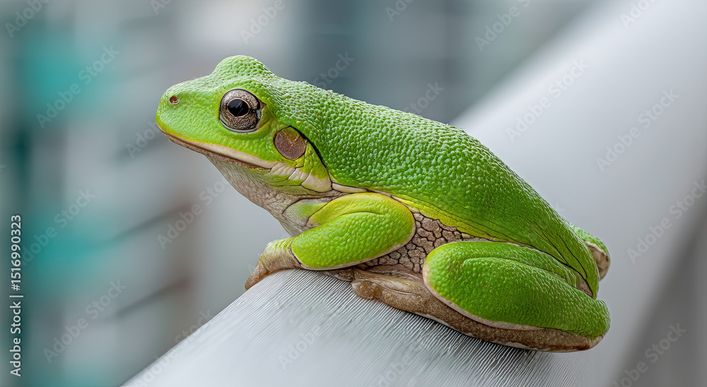 Poster green tree frog perched on white railing in macro view, symbolizing environmental awareness and wild