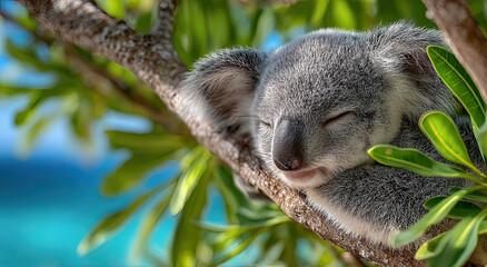 Fototapeta premium Sleeping Koala Bear Resting on a Tree Branch, Symbolizing Tranquility and Wildlife Conservation for Educational Material and Environmental Awareness Campaigns