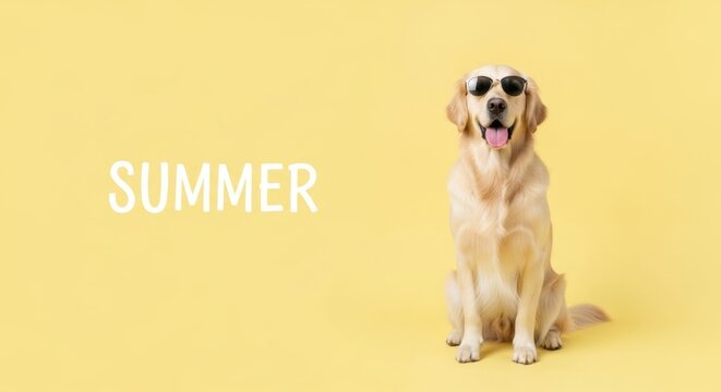 A golden retriever dog in sunglasses is sitting on a yellow background with the word summer. Adorable pet ready for hot weather.