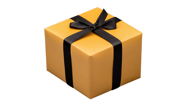 Gold gift box with black ribbon on transparent background. The box is square and the ribbon is tied in a bow. The image is simple and elegant.