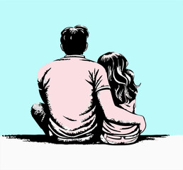 Couple Sitting Together Back View Illustration