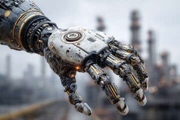 Close-up of a detailed robotic hand with complex mechanical parts against an industrial backdrop, futuristic and technologically advanced.