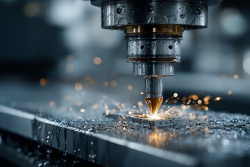 Automated metalwork process using CNC milling machine with sparks, wet environment, technology manufacturing with precision