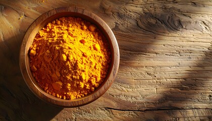 Aromatic Turmeric Powder in Wooden Bowl on Light Brown Wooden Table