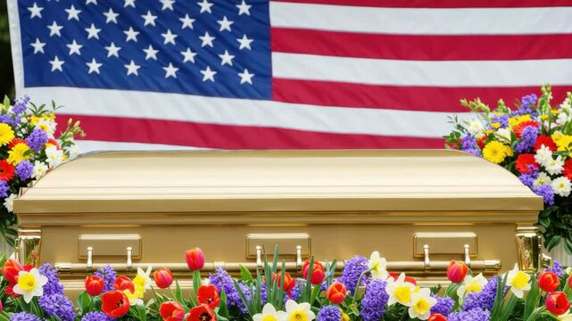 Gold casket funeral arrangement with spring flowers and American flag. Funeral ceremony includes colorful flowers and gold coffin.  Memorial service image for sympathy cards and funeral programs.