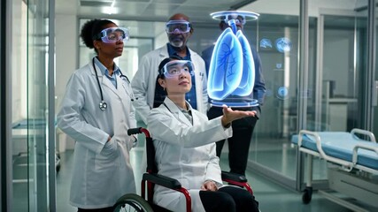 Diverse team of doctors wearing smart glasses and analyzing augmented reality lung hologram in modern medical facility, innovative healthcare technology for improved diagnostics and research methods - Powered by Adobe