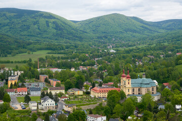 Hejnice and Basilica View from Poustevnikuv Kamen, Czech Republic