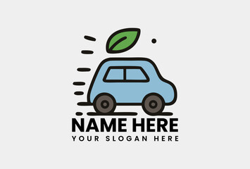Eco-friendly blue car with a green leaf on its roof, illustrating sustainable transportation and environmental care. Green energy concept