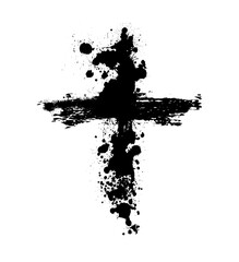 Christian cross vector. Black blotted cross. hand drawn. Not AI, Vector
