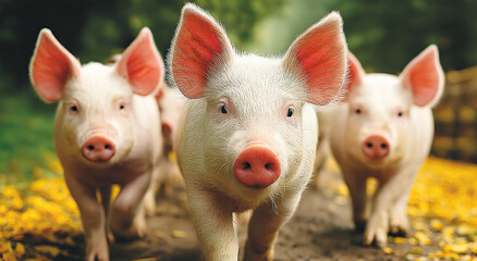 Group of Piglets Walking on a Farm Path, Representing Livestock Farming and Agricultural Production