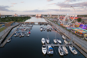 Marina and Ferris Wheel: Aerial View at Dusk. Szczecin Poland