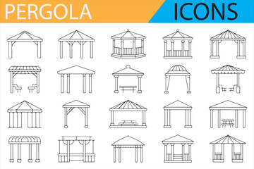 Outdoor structure icons with different pergola designs for landscaping and home design.
