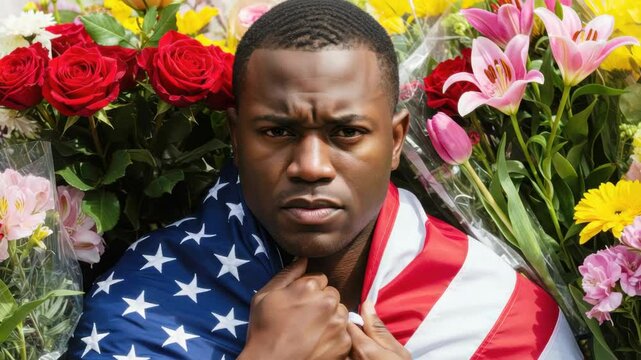 Man draped in American flag among vibrant flowers.  Serious man solemnly holds flag surrounded by colorful roses lilies tulips. Image depicts somber patriotism perfect for memorial day remembrance.
