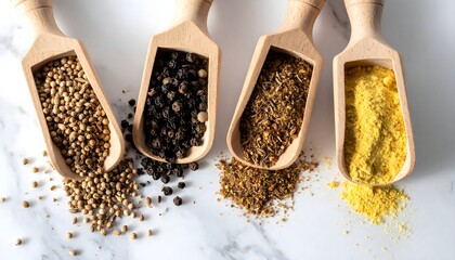 Variety of Dried Spices Arranged in Wooden Scoops Over White Background