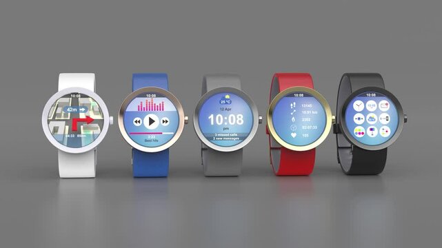 Group of colorful smartwatches on gray background