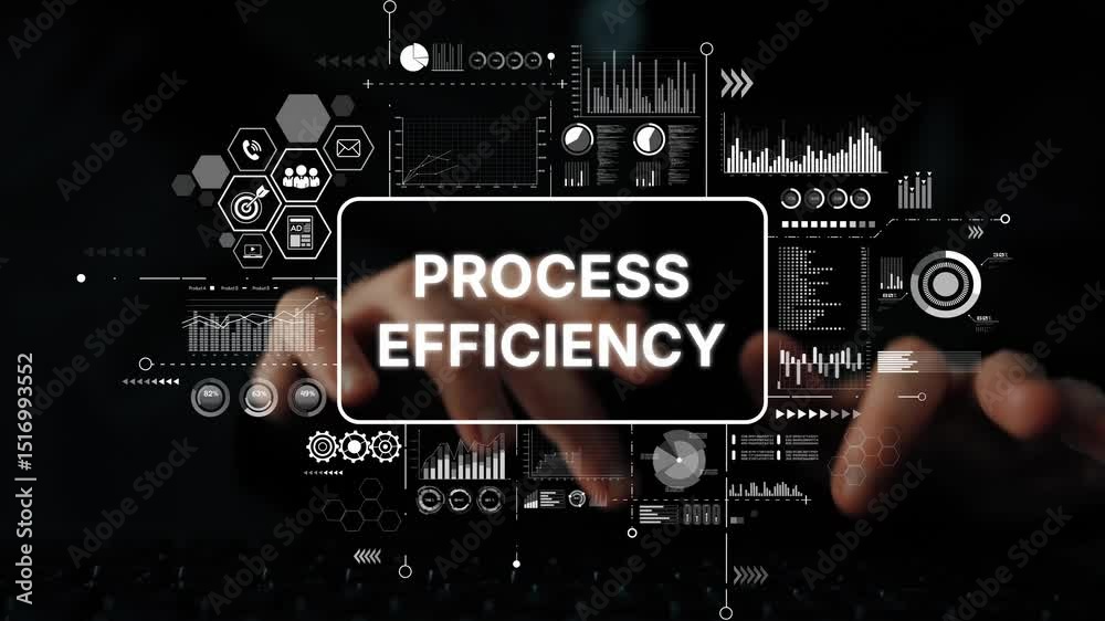 Poster hands typing on keyboard with overlaid graphics representing process efficiency in business context.