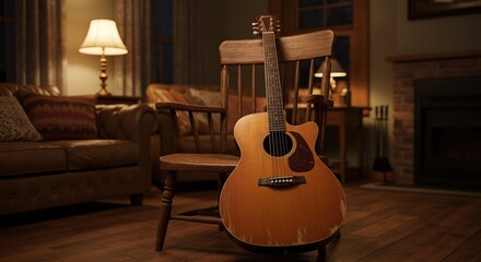 Acoustic Guitar on a Wooden Chair in a Warm Cozy Living Room Environment Setting