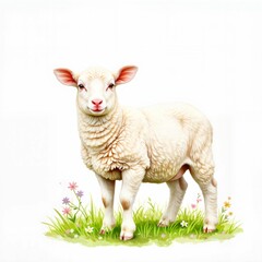 Fototapeta premium Lamb standing on grass with flowers in a bright atmosphere 