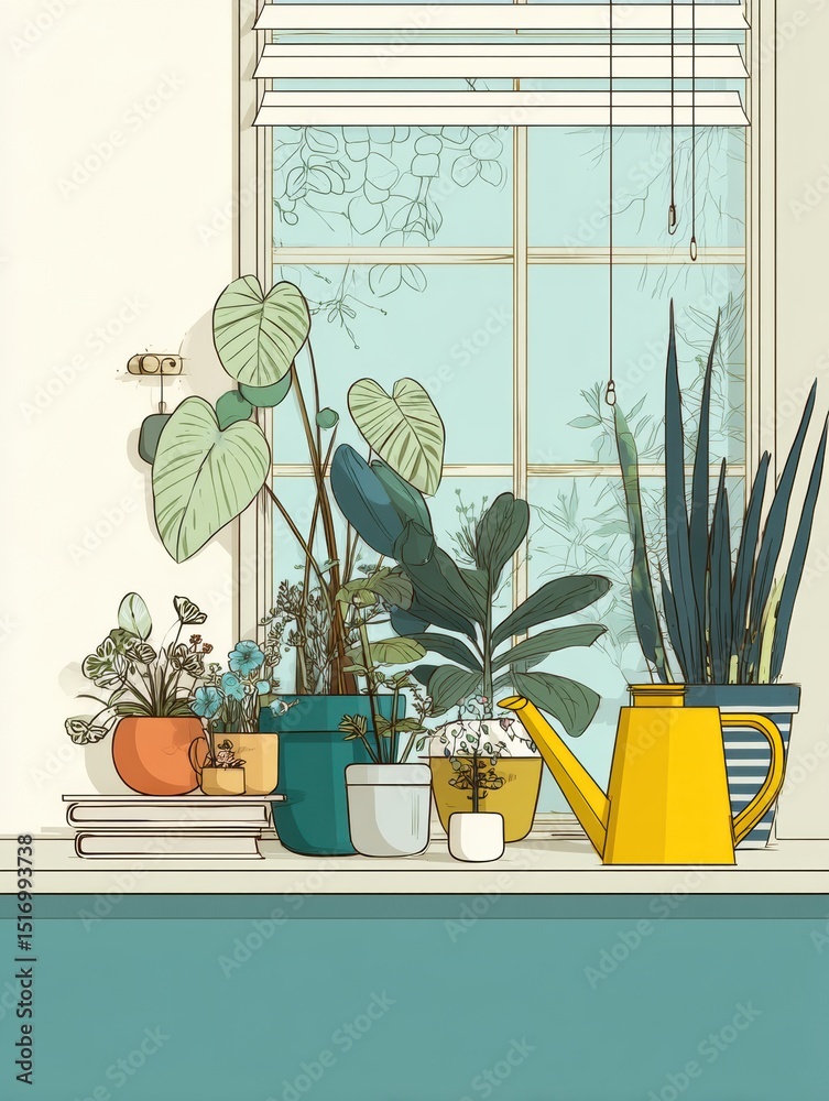 Aufkleber indoor plants arranged by window with watering can in minimalistic layout, illustrating tranquility 