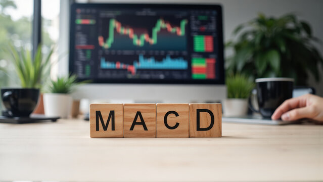 MACD indicator shows momentum shifts, trend strength, and signal crossovers for technical analysis and trading decisions with copy space