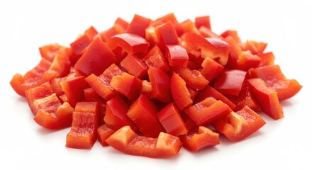 Pile of diced red bell pepper isolated on white background, vibrant and fresh