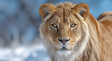 Obraz premium Close-Up of Lioness Face in Winter, Representing Wildlife Conservation and Natural Beauty, Ideal for Educational Materials and Animal Welfare Campaigns