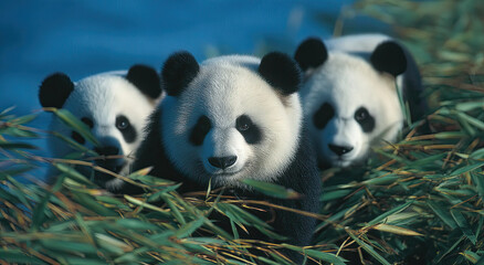 Obraz premium Three Giant Pandas Peeking Through Bamboo Shoots, Representing Wildlife Conservation and Endangered Species Awareness in Natural Habitat