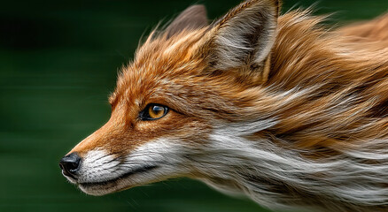 Fototapeta premium Close-Up of a Red Fox Head Profile Against Green Backdrop, Symbolizing Wildlife Conservation and Natural Beauty