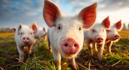 Curious Piglets on a Farm at Sunset, Representing Animal Welfare and Sustainable Agriculture, Perfect for Educational Materials and Children's Books