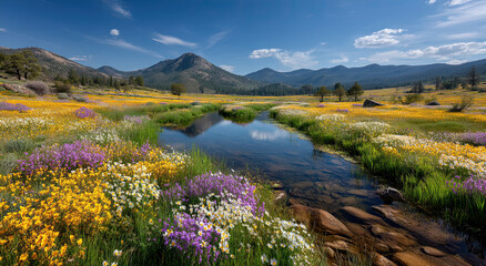 Scenic Meadow With Stream and Mountains Under Blue Sky, Showcasing Natural Beauty and Outdoor Recreation Opportunities for Travel and Tourism Campaigns