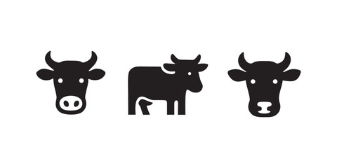 Minimalist Black Cow Icons Set &ndash; Isolated Silhouettes of Cattle Heads and Body on White Background
