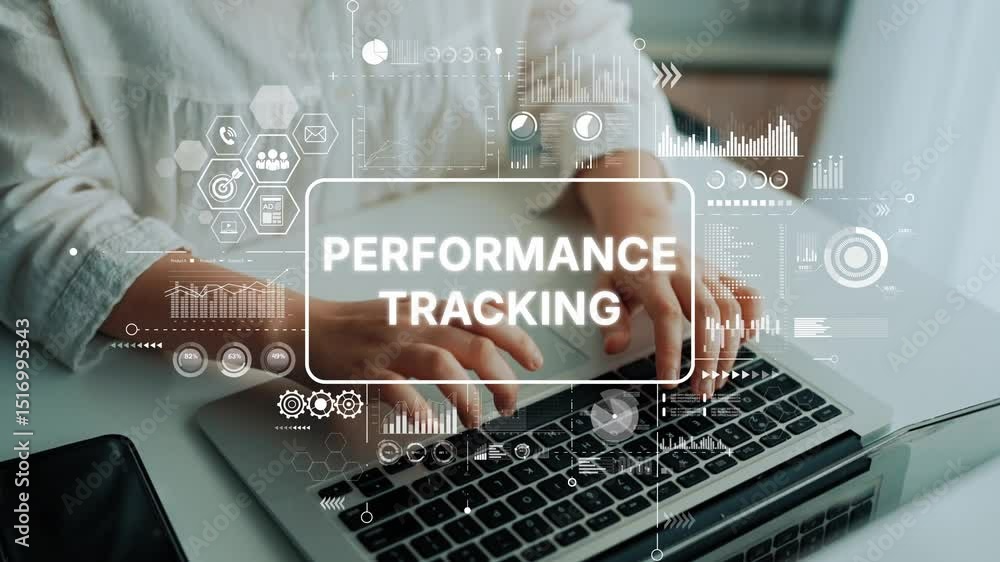Poster performance tracking with modern technology on laptop in bright workspace with data visualization el