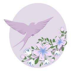 Flying swallow bird with flowers. Vector illustration.	

