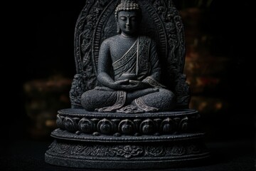 Fototapeta premium Serene Buddha statue on black stone pedestal with intricate carvings and ornate details , buddha, reverence, buddha 
