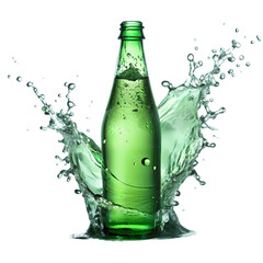 Green Glass Bottle with Splashing Liquid isolated on transparent baackground